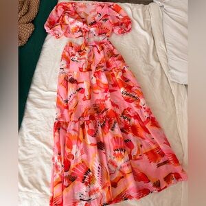 Ruthie & Esther Size Medium Two Piece Skirt & top set tropical Parrot Bird Pink